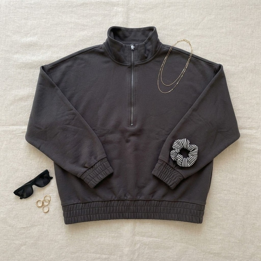 Lou & Grey Quarter Zip Sweatshirt Womens XL Black Smocked Athleisure Oversized
